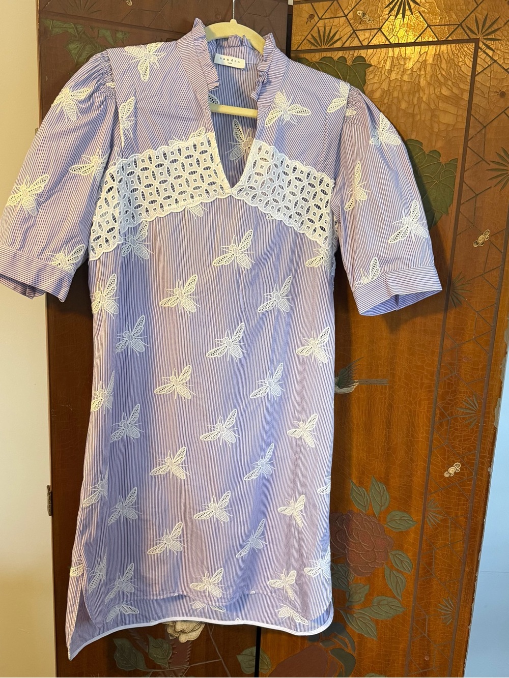 Sandro Lilac Bee Stripe Embroidered Eyelet Dress